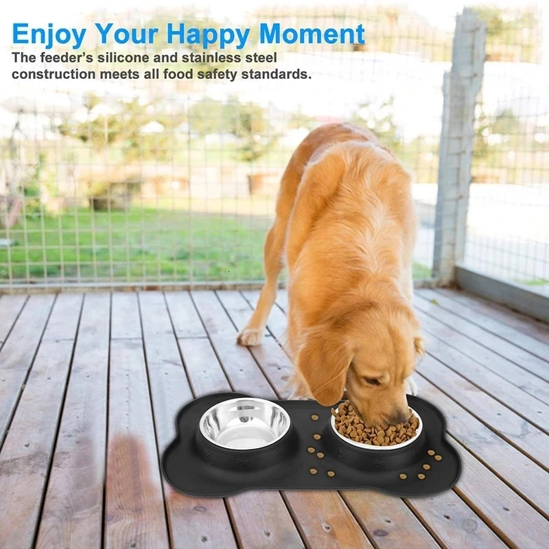 PawPlenty Double Dog Bowls Anti-Slip with Silicone Mat Durable Stainless Steel