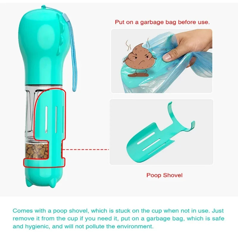 Travel "SnackSip"- All in One Portable leak proof dog water bottle and food feeder with poop storage bags at the bottom
