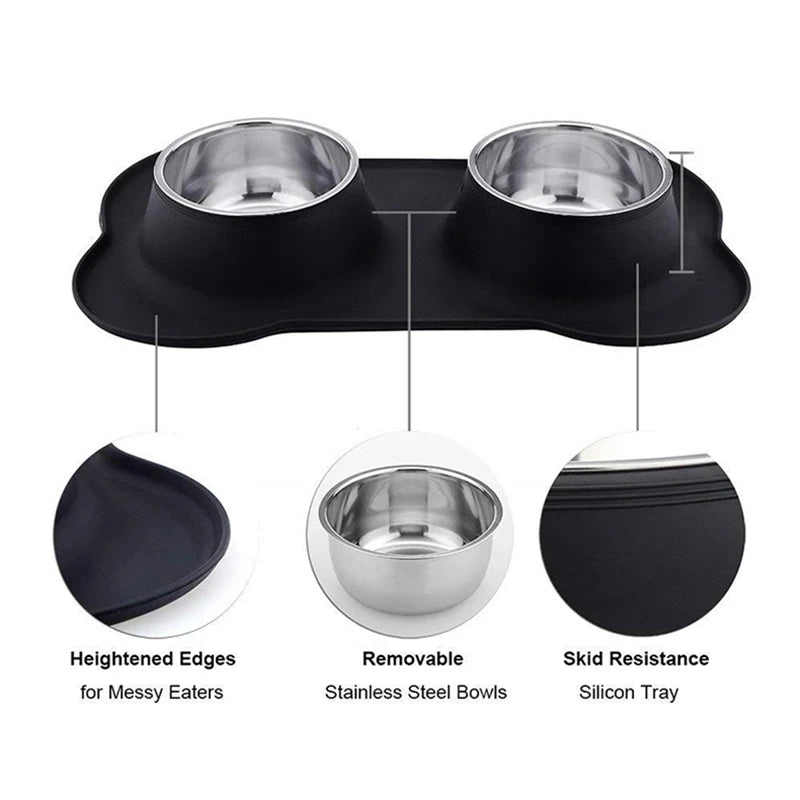 PawPlenty Double Dog Bowls Anti-Slip with Silicone Mat Durable Stainless Steel